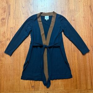 Akris Punto for Bergdorf Goodman navy with brown trim wool belted cardigan 10